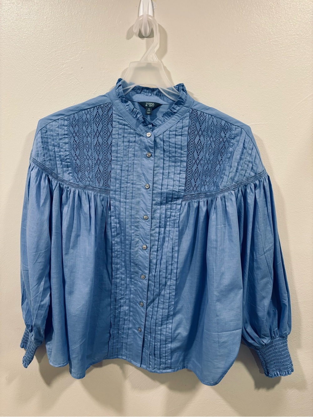Terra & Sky Blue Pintuck & Lace Peasant Blouse puff Sleeves Ribbed Cuff Size 0